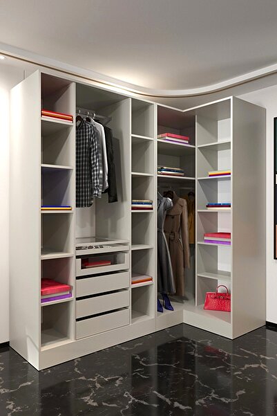 Mercie 218x113 Cm'lik Köşe 20 Raflı 5 Çekmeceli 2 Askılıklı Giyinme Dolap- GRİ