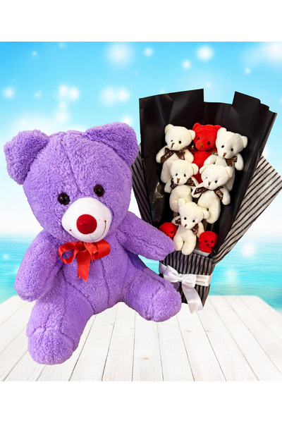 Linalux Gifts Kadina Hediye 35cm Mor Ayıcık ve Tatlı Ayıcık Buketi - Kadin Do...
