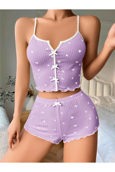 The LOG INVEST White Heart Patterned Suspender Shorts Pajama Set on Lilac Top