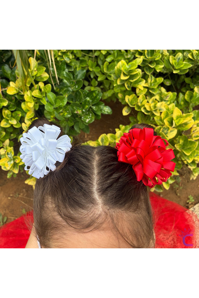 Cinderella 2'li Kırmızı Beyaz Kurdele Çiçekli 23 Nisan Lastikli Topuz Tokası ...