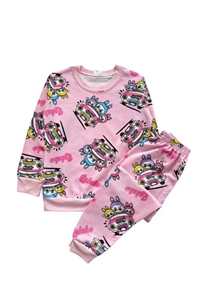 Şekerkids Girl's Cotton Pink Color Labubu Patterned Seasonal Pajama Set