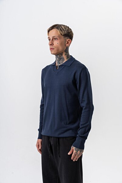 Respire Чоловічий бавовняний мікс з поло-коміром, трикотажний светр, синій