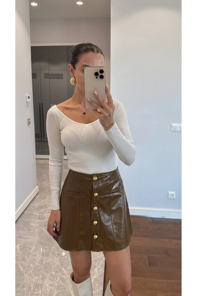 BRTC design Women's Olive Buttoned Leather Mini Skirt