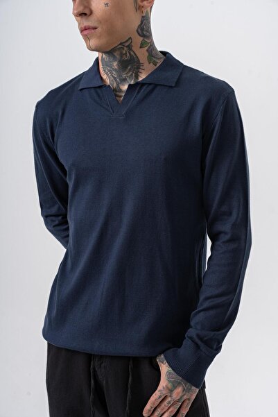 Respire Чоловічий бавовняний мікс з поло-коміром, трикотажний светр, синій