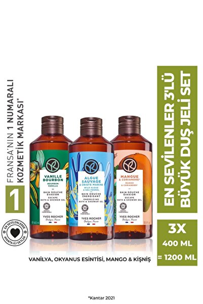 Yves Rocher 3’lü Büyük Duş Jeli Seti – Hoş Kokulu, Serinletici ve Arındırıcı