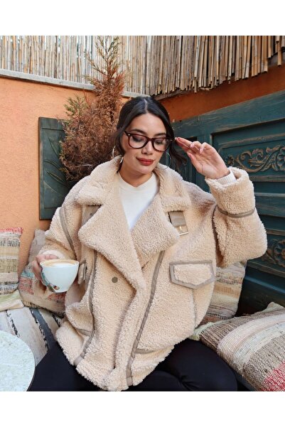 Miss Beyoğlu Kadın Oversize Teddy Kürk Mont – Kalın Kışlık Peluş Ceket, Cepli Oversize Dış Giyim