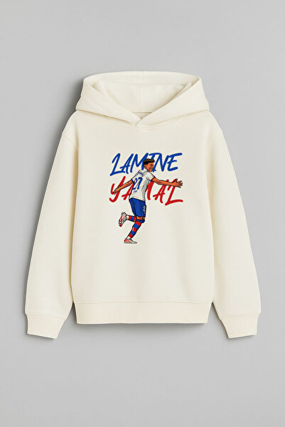MODA Jucătorul de fotbal Lamine Yamal cu imprimeu Hanorac pentru băiat Ecru c...
