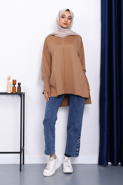 İmajButik Biscuit Sleeve Zippered Cold Thread Knitwear Tunic