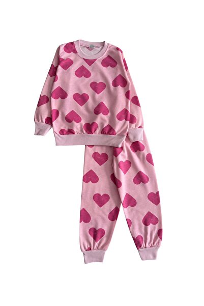 Şekerkids Girl's Cotton Pink Color Heart Patterned Seasonal Pajama Set