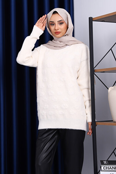 İmajButik Cream Crew Neck Angora Soft Knit Sweater