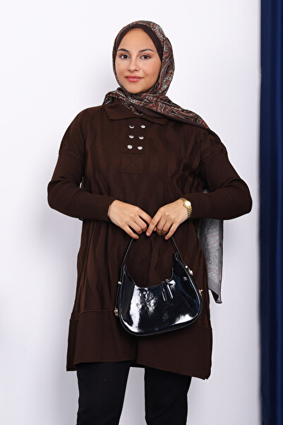 İmajButik Brown Shirt Collar Cold Yarn Knitwear Tunic