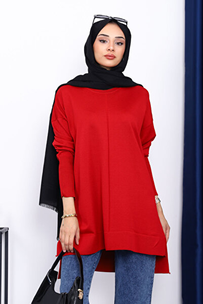 İmajButik Red Sleeve Zippered Cold Thread Knitwear Tunic