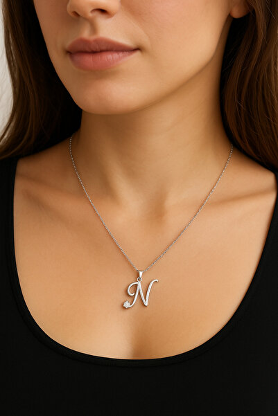 Bittox Kişiye Özel Özel Taşlı Gümüş Renkli Paslanmaz Çelik Harfli Kolye