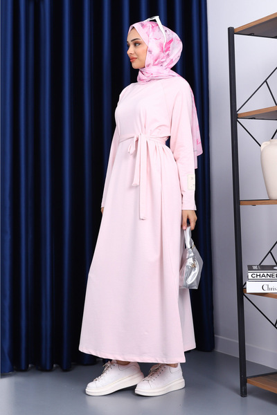 İmajButik Φόρεμα με ζώνη στη μέση σε ροζ χρώμα Dusty Pink