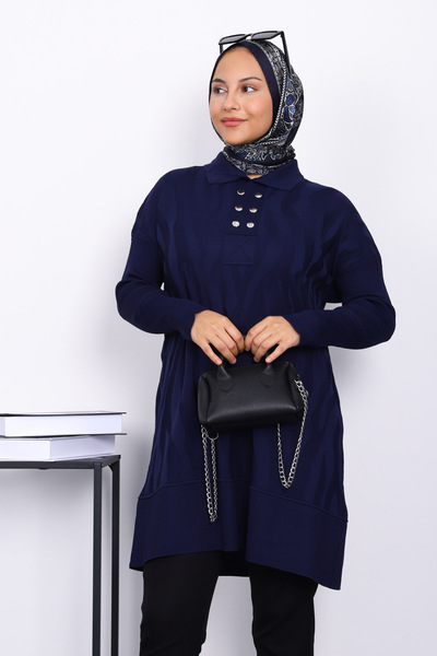 İmajButik Navy Blue Shirt Collar Cold Yarn Knitwear Tunic