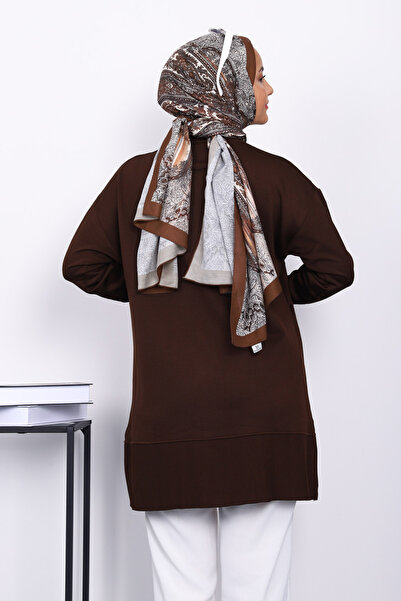 İmajButik Καφέ πλεκτό τούνικ από κρύο νήμα με μανικετόκουμπα