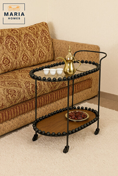 MARIA HOMES Oval Serving Trolley with Wheels – 2-Tier Tea & Coffee Cart 70×40×84 cm