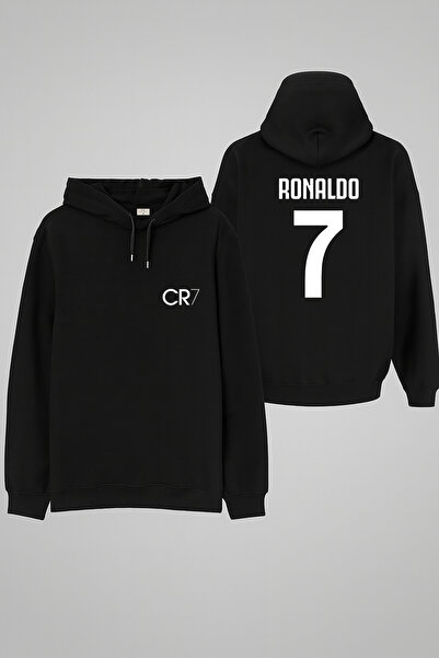 MODA Futbolcu Ronaldo Baskılı Erkek Çocuk Siyah Kapüşonlu Sweatshirt Hoodie
