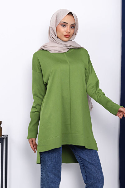 İmajButik Oil Green Sleeve Zippered Cold Thread Knitwear Tunic