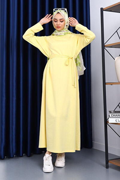 İmajButik Κίτρινο φόρεμα με λαιμόκοψη και ζώνη στη μέση