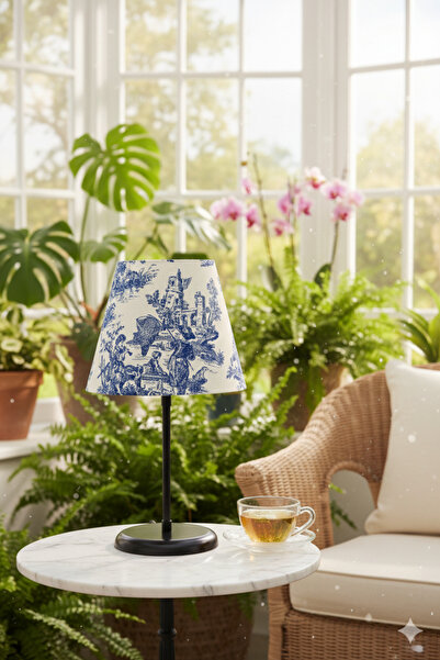 APCASADECOR Vintage Toile de Jouy Desenli Siyah Ayaklı Abajur Masa Lambası El...