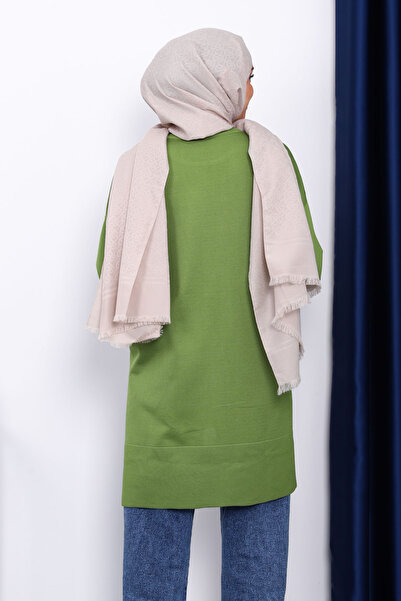 İmajButik Oil Green Sleeve Zippered Cold Thread Knitwear Tunic