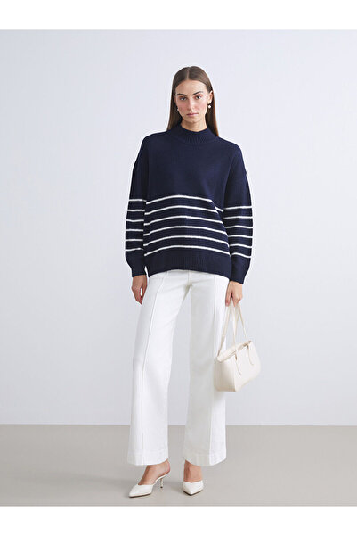 LC Waikiki Синій светр з напіврибальським коміром, смугастий, оверсайз, жіночий трикотажний светр