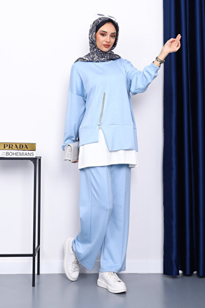 İmajButik Ice Blue Zipper Detailed Modal Tunic Trouser Set