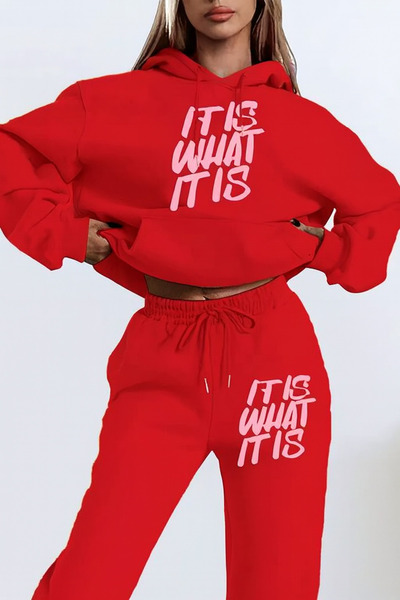 CLASSY.MODA Set de trening pentru femei, cu glugă, cu 3 fire, cu buzunar cangur, cu imprimeu textul IT IS WHAT IT IS