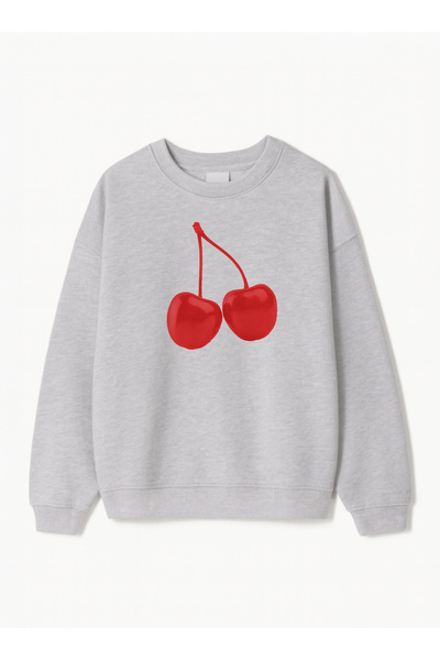 Disante سويت شيرت للجنسين بمقاس كبير مطبوع عليه الكرز - ياقة دائرية، صوف بثلا...