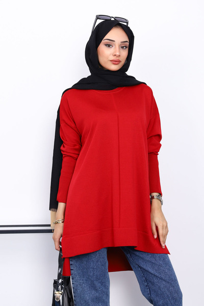 İmajButik Red Sleeve Zippered Cold Thread Knitwear Tunic