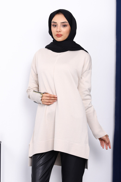 İmajButik Stone Sleeve Zippered Cold Thread Knitwear Tunic