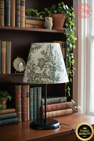 APCASADECOR Vintage Toile de Jouy Desenli Siyah Ayaklı Abajur Masa Lambası El...