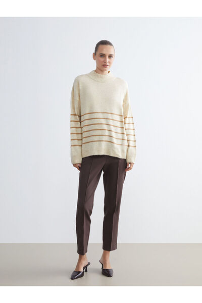 LC Waikiki Καφέ μισό ζιβάγκο ριγέ oversized γυναικείο πλεκτό πουλόβερ