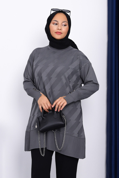 İmajButik Smoked Sleeve Buttoned Cold Yarn Knitwear Tunic