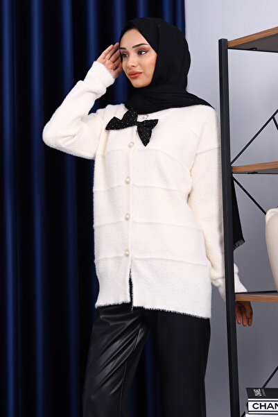 İmajButik Κρεμ Φιόγκος Λεπτομερής Ζακέτα από Μαλακό Πλεκτό Ανγκόρα