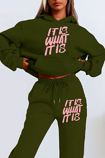 CLASSY.MODA Women's 3 Thread Hooded Kangaroo Pocket Sweatpants Set with It Is What It Is Letter Print