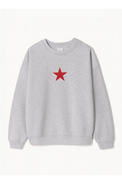 Disante سويت شيرت للجنسين بمقاس كبير مطبوع عليه نجمة حمراء - ياقة دائرية، صوف...