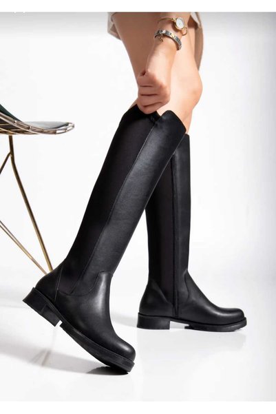 ALFHA Women's Black Long Boots Below the Knee, Comfortable Non-Slip Sole, Stylish Leather Look Boots with Winter Waterproof Fabric