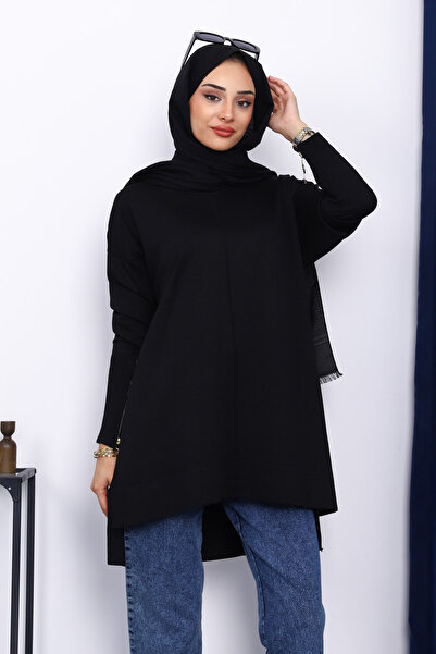 İmajButik Black Sleeve Zippered Cold Thread Knitwear Tunic