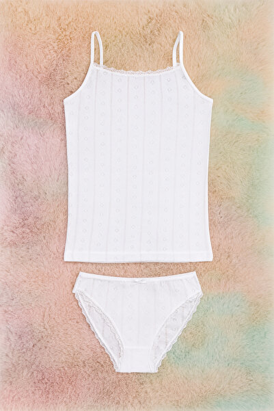ROZELT Women's White Cotton Lace Strap Tank Top & Panties 2-Piece Set