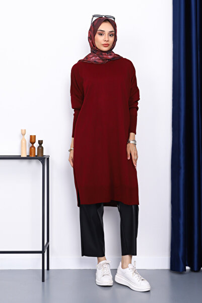 İmajButik Dark Burgundy Crew Neck Mercerized Casual Knitwear Tunic
