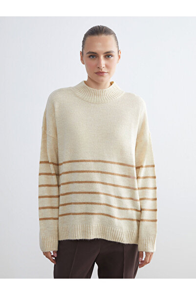 LC Waikiki Καφέ μισό ζιβάγκο ριγέ oversized γυναικείο πλεκτό πουλόβερ