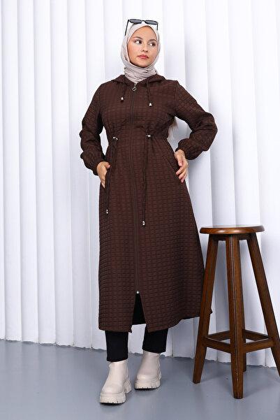 İmajButik Brown Hooded Plus Size Quilted Long Coat