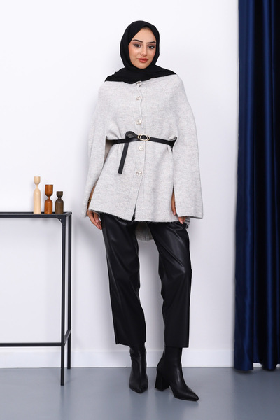 İmajButik Gray Belted Knitted Poncho