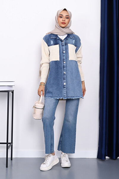İmajButik Cream Denim Garnished Knitwear Cardigan