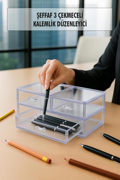 Genel Markalar Şeffaf 3 Çekmeceli Kalemlik Düzenleyici Organizer 14×24×10 Cm