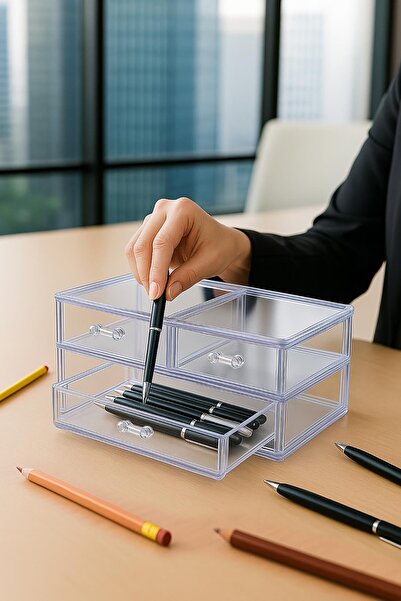Depa Transparent 3-Drawer Pen Holder Organizer 14×24×10 cm