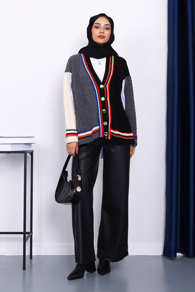 İmajButik Black Shirt Garnished Pocketed Knitwear Cardigan