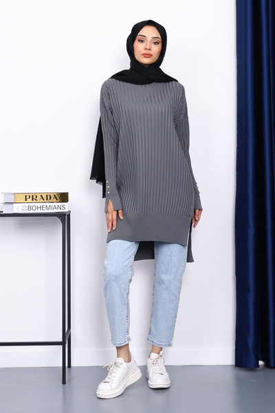 İmajButik Smoked Knit Tunic with Short Front and Long Back